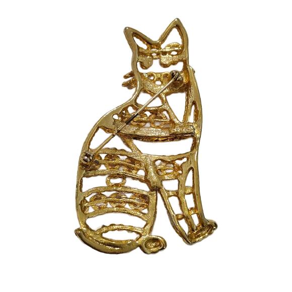 Vintage AJC Gold Tone Open Work Cat Brooch, 3" Tall - Picture 3 of 10